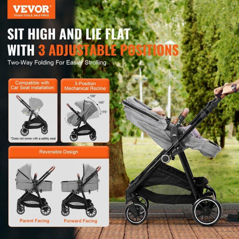 Furniture Hardware | Standard Baby Stroller, Infant Toddler Stroller with Bassinet, 3rd-Gear Adjustable Backrest & Foldable & Reversible Seat, Carbon Steel Newborn Stroller with Leg Cover and Mesh Net, Dark Grey Dark Gray Furniture Hardware Dark Gray