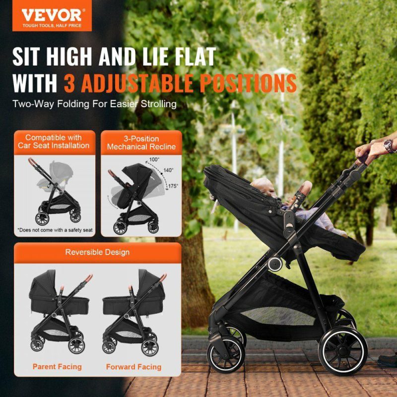 Furniture Hardware | Standard Baby Stroller, Infant Toddler Stroller with Bassinet, 3rd-Gear Adjustable Backrest & Foldable & Reversible Seat, Carbon Steel Newborn Stroller with Leg Cover and Mesh Net, Black Black Furniture Hardware Black