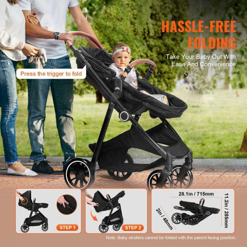 Furniture Hardware | Standard Baby Stroller, Infant Toddler Stroller with Bassinet, 3rd-Gear Adjustable Backrest & Foldable & Reversible Seat, Carbon Steel Newborn Stroller with Leg Cover and Mesh Net, Black Black Furniture Hardware Black