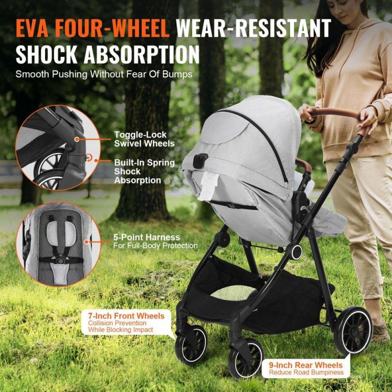 Furniture Hardware | Standard Baby Stroller, Infant Toddler Stroller with Bassinet, 3rd-Gear Adjustable Backrest & Foldable & Reversible Seat, Carbon Steel Newborn Stroller with Leg Cover and Mesh Net, Light Grey Light Gray Furniture Hardware Furniture Hardware