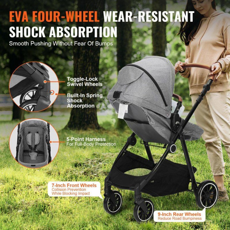 Furniture Hardware | Standard Baby Stroller, Infant Toddler Stroller with Bassinet, 3rd-Gear Adjustable Backrest & Foldable & Reversible Seat, Carbon Steel Newborn Stroller with Leg Cover and Mesh Net, Dark Grey Dark Gray Furniture Hardware Dark Gray