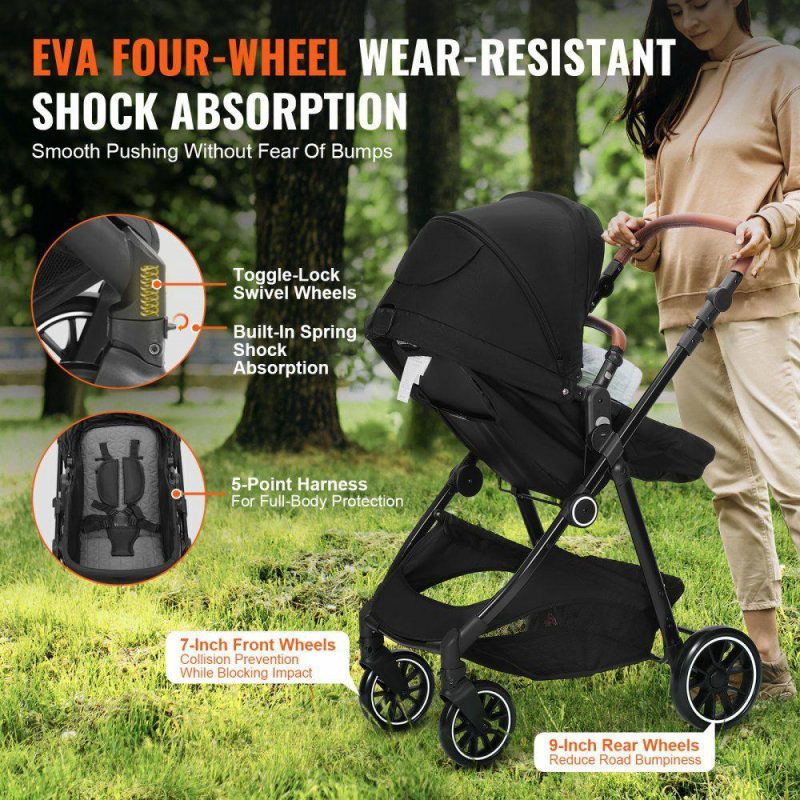 Furniture Hardware | Standard Baby Stroller, Infant Toddler Stroller with Bassinet, 3rd-Gear Adjustable Backrest & Foldable & Reversible Seat, Carbon Steel Newborn Stroller with Leg Cover and Mesh Net, Black Black Furniture Hardware Black