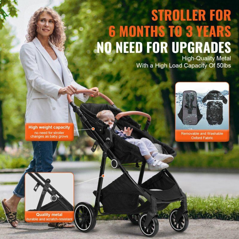 Furniture Hardware | Standard Baby Stroller, Infant Toddler Stroller with Bassinet, 3rd-Gear Adjustable Backrest & Foldable & Reversible Seat, Carbon Steel Newborn Stroller with Leg Cover and Mesh Net, Black Black Furniture Hardware Black