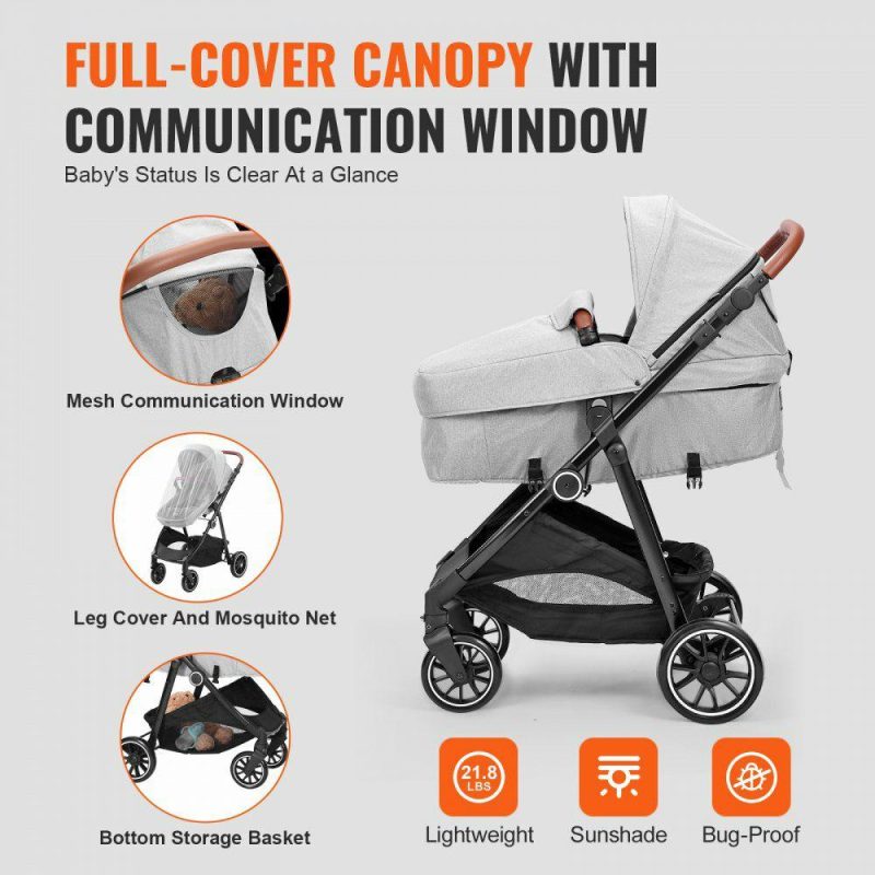 Furniture Hardware | Standard Baby Stroller, Infant Toddler Stroller with Bassinet, 3rd-Gear Adjustable Backrest & Foldable & Reversible Seat, Carbon Steel Newborn Stroller with Leg Cover and Mesh Net, Light Grey Light Gray Furniture Hardware Furniture Hardware