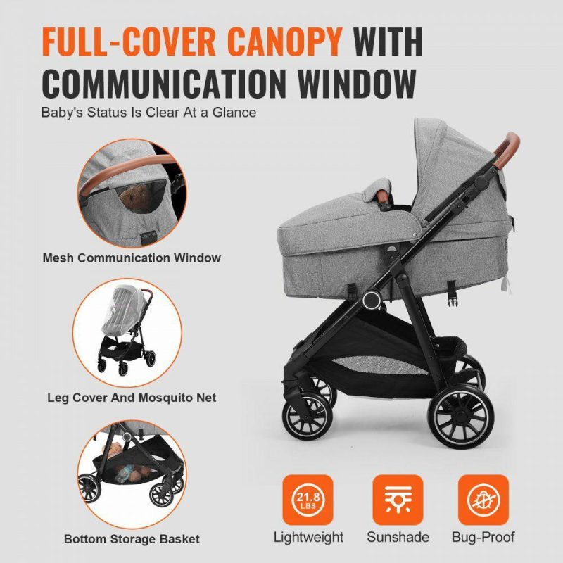 Furniture Hardware | Standard Baby Stroller, Infant Toddler Stroller with Bassinet, 3rd-Gear Adjustable Backrest & Foldable & Reversible Seat, Carbon Steel Newborn Stroller with Leg Cover and Mesh Net, Dark Grey Dark Gray Furniture Hardware Dark Gray