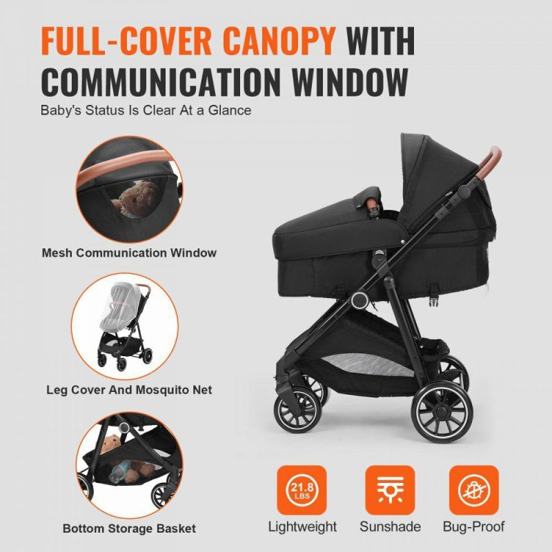 Furniture Hardware | Standard Baby Stroller, Infant Toddler Stroller with Bassinet, 3rd-Gear Adjustable Backrest & Foldable & Reversible Seat, Carbon Steel Newborn Stroller with Leg Cover and Mesh Net, Black Black Furniture Hardware Black