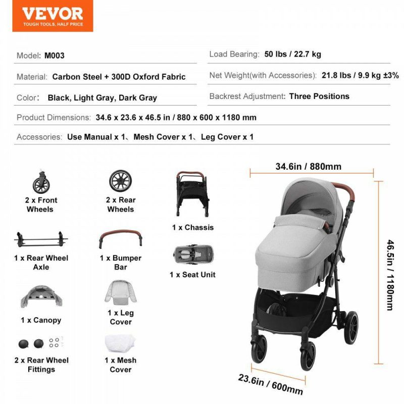 Furniture Hardware | Standard Baby Stroller, Infant Toddler Stroller with Bassinet, 3rd-Gear Adjustable Backrest & Foldable & Reversible Seat, Carbon Steel Newborn Stroller with Leg Cover and Mesh Net, Light Grey Light Gray Furniture Hardware Furniture Hardware