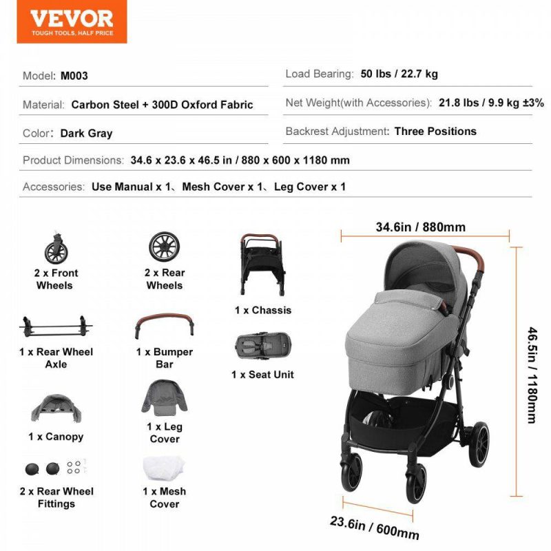 Furniture Hardware | Standard Baby Stroller, Infant Toddler Stroller with Bassinet, 3rd-Gear Adjustable Backrest & Foldable & Reversible Seat, Carbon Steel Newborn Stroller with Leg Cover and Mesh Net, Dark Grey Dark Gray Furniture Hardware Dark Gray