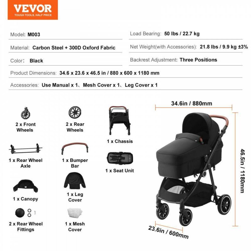 Furniture Hardware | Standard Baby Stroller, Infant Toddler Stroller with Bassinet, 3rd-Gear Adjustable Backrest & Foldable & Reversible Seat, Carbon Steel Newborn Stroller with Leg Cover and Mesh Net, Black Black Furniture Hardware Black