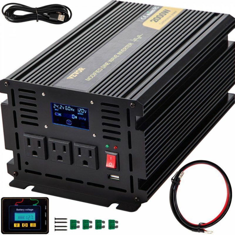 Inverters | Power Inverter, 2000W Modified Sine Wave Inverter, DC 24V to AC 120V Car Converter, with LCD Display, Remote Controller, LED Indicator, AC Outlets Inverter for Truck RV Car Boat Travel Camping Electrical Inverters