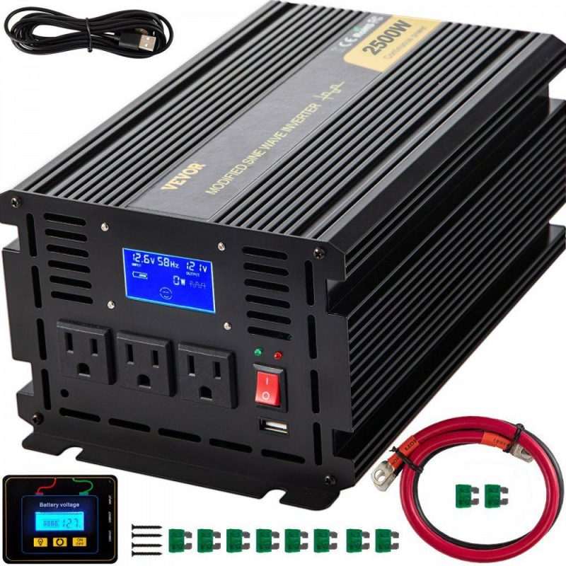 Inverters | Power Inverter, 2500W Modified Sine Wave Inverter, DC 12V to AC 120V Car Converter, with LCD Display, Remote Controller, LED Indicator, AC Outlets Inverter for Truck RV Car Boat Travel Camping Electrical Inverters