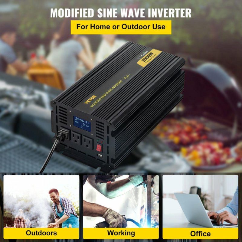 Inverters | Power Inverter, 2500W Modified Sine Wave Inverter, DC 12V to AC 120V Car Converter, with LCD Display, Remote Controller, LED Indicator, AC Outlets Inverter for Truck RV Car Boat Travel Camping Electrical Inverters