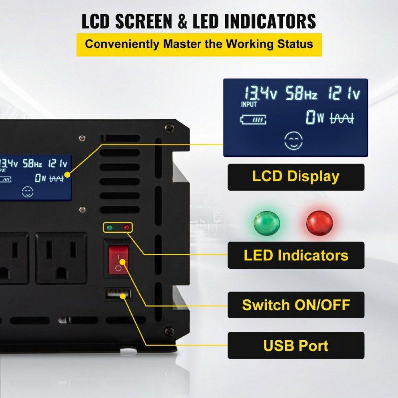 Inverters | Power Inverter, 2500W Modified Sine Wave Inverter, DC 12V to AC 120V Car Converter, with LCD Display, Remote Controller, LED Indicator, AC Outlets Inverter for Truck RV Car Boat Travel Camping Electrical Inverters