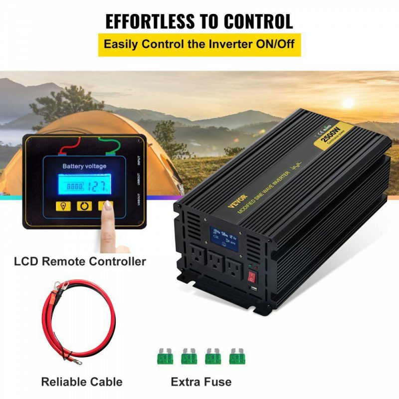 Inverters | Power Inverter, 2500W Modified Sine Wave Inverter, DC 12V to AC 120V Car Converter, with LCD Display, Remote Controller, LED Indicator, AC Outlets Inverter for Truck RV Car Boat Travel Camping Electrical Inverters