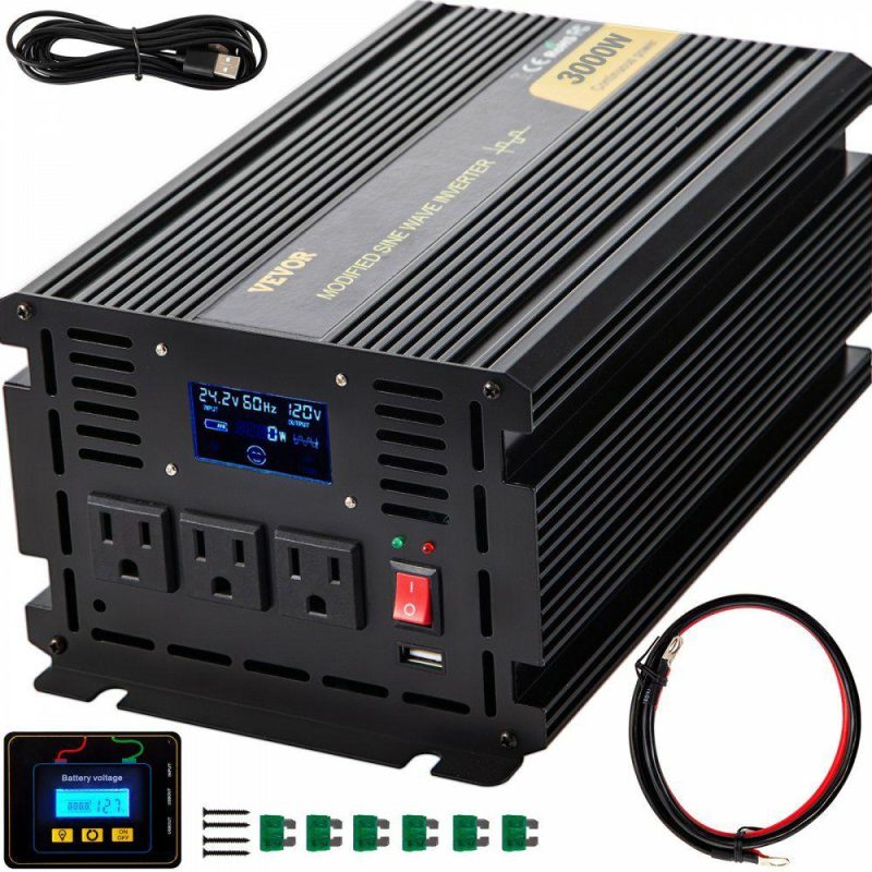 Inverters | Power Inverter, 3000W Modified Sine Wave Inverter, DC 24V to AC 120V Car Converter, with LCD Display, Remote Controller, LED Indicator, AC Outlets Inverter for Truck RV Car Boat Travel Camping Electrical Inverters