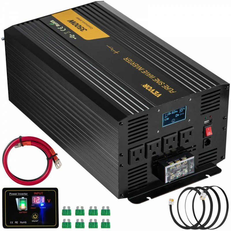 Inverters | Pure Sine Wave Inverter 3500 Watt Power Inverter, DC 12V to AC 120V Car Inverter, with USB Port LCD Display Remote Controller and AC Outlets (GFCI), for RV Truck Car Solar System Travel Camping Electrical Inverters