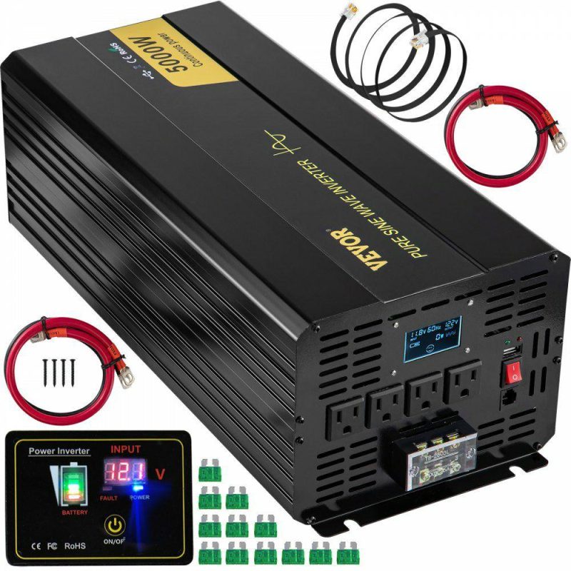 Inverters | Pure Sine Wave Inverter, 5000 Watt, Power Inverter, DC 12V to AC 120V Car Inverter, with LCD Display, USB Port and Remote Controller, Power Converter for Car RV Truck Solar System Travel Camping Electrical Inverters