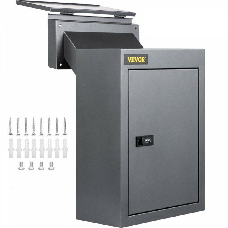 Mailboxes & Accessories | Through The Wall Drop Box, 12.5”x6.3”x16.9” Mail Drop Box w/Adjustable Chute, Deposit Drop Box w/Code Lock, Rainproof Wall Mount Mailbox for Letters, Rents, Checks & Keys, Home & Office, Grey Gray Hardware Gray