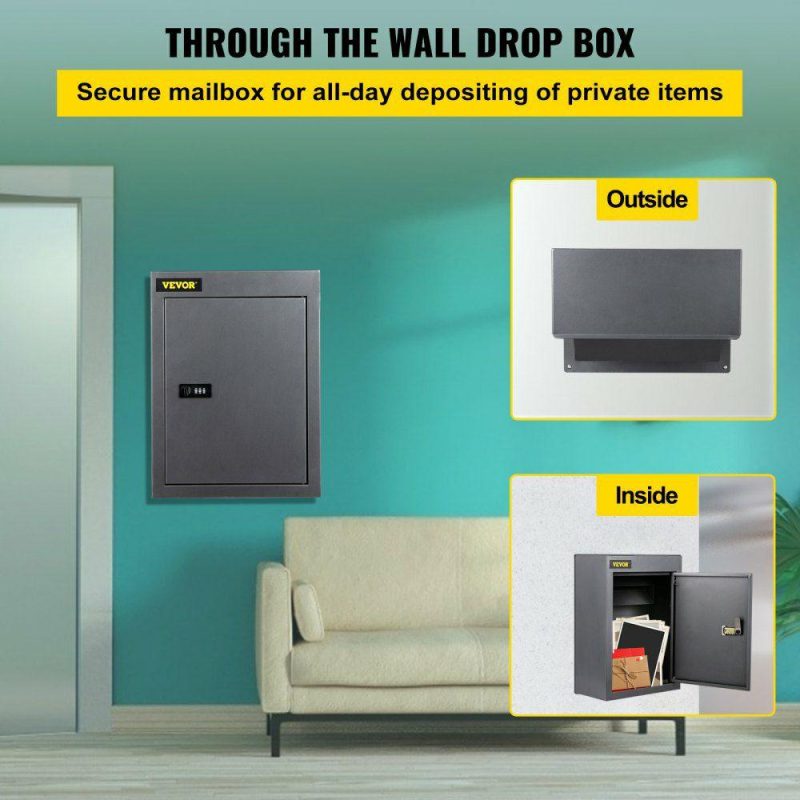 Mailboxes & Accessories | Through The Wall Drop Box, 12.5”x6.3”x16.9” Mail Drop Box w/Adjustable Chute, Deposit Drop Box w/Code Lock, Rainproof Wall Mount Mailbox for Letters, Rents, Checks & Keys, Home & Office, Grey Gray Hardware Gray