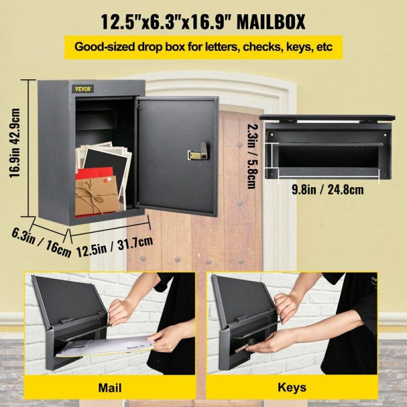 Mailboxes & Accessories | Through The Wall Drop Box, 12.5”x6.3”x16.9” Mail Drop Box w/Adjustable Chute, Deposit Drop Box w/Code Lock, Rainproof Wall Mount Mailbox for Letters, Rents, Checks & Keys, Home & Office, Grey Gray Hardware Gray