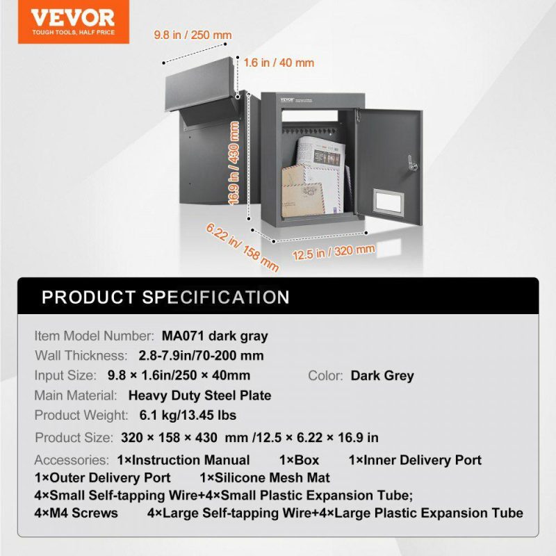 Mailboxes & Accessories | Through The Wall Drop Box, Heavy Duty Steel Through the Wall Mailbox with 2.8-7.9″ 13″ Combination Lock, 12.5×6.3×16.9″ Mail Drop Box, Dark Gray Dark Gray Hardware Dark Gray