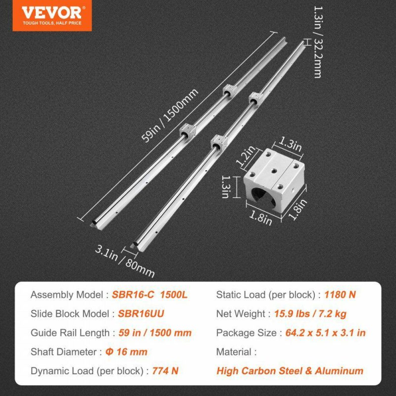 Motion Control | Linear Guide Rail Set, SBR16 1500mm, 2 PCS 59 in/1500 mm SBR16 Guide Rails and 4 PCS SBR16UU Slide Blocks, Linear Rails and Bearings Kit for Automated Machines DIY Project CNC Router Machines Hardware Motion Control