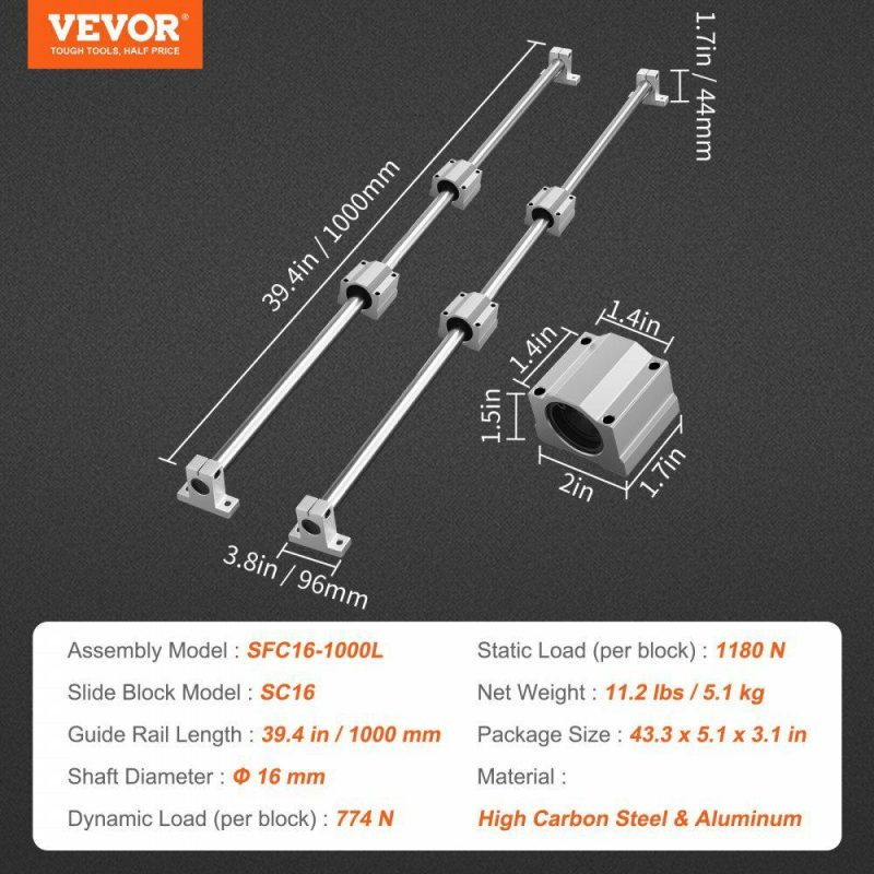 Motion Control | Linear Guide Rail Set, SFC16 1000mm, 2 PCS 39.4 in/1000 mm SFC16 Guide Rails 4 PCS SC16 Slide Blocks 4 PCS Rail Supports, Linear Rails and Bearings Kit for Automated Machines CNC DIY Project Hardware Motion Control