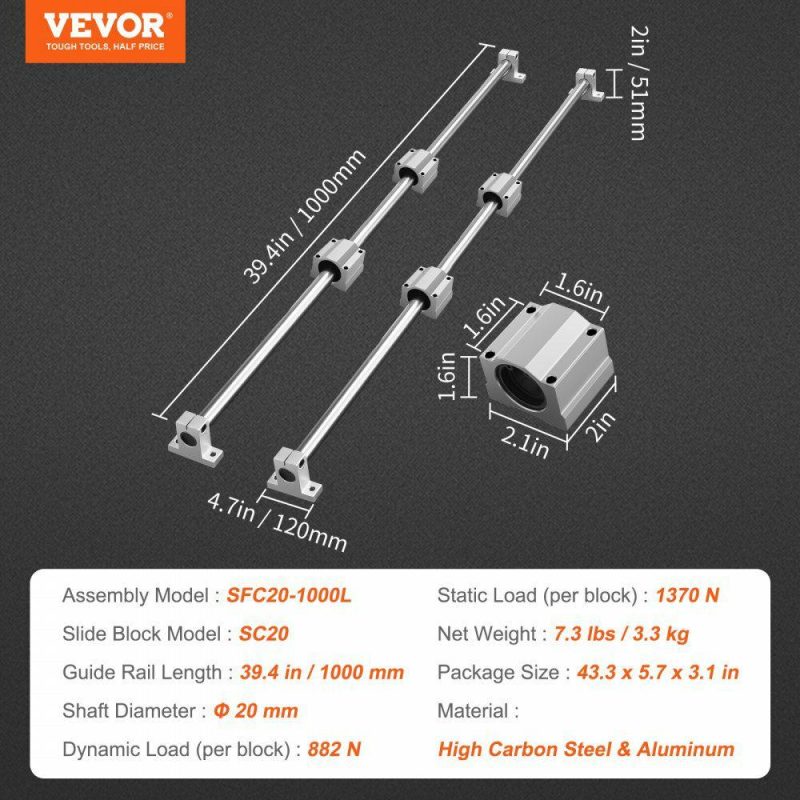 Motion Control | Linear Guide Rail Set, SFC20 1000mm, 2 PCS 39.4 in/1000 mm SFC20 Guide Rails 4 PCS SC20 Slide Blocks 4 PCS Rail Supports, Linear Rails and Bearings Kit for Automated Machines CNC DIY Project Hardware Motion Control