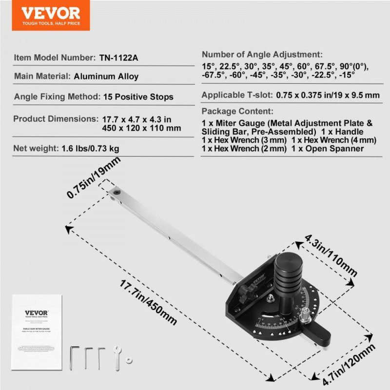 Saws & Accessories | Precision Miter Gauge, Standard Slot 3/4” x 3/8”, Aluminum Alloy Table Saw Miter Gauge with 15 Angle Stops Adjustable Spring Loaded Plunger and Removable Disc, for Woodworking Tool Table Saw Power Tools Saws & Accessories