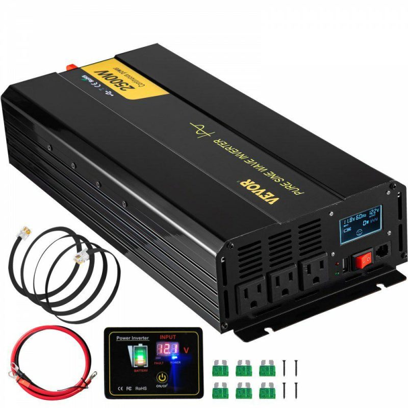 Inverters | Pure Sine Wave Inverter, 2500 Watt Power Inverter, DC 12V to AC 120V Car Inverter, with USB Port, LCD Display, and Remote Controller Power Converter, for RV Truck Car Solar System Travel Camping Electrical Inverters